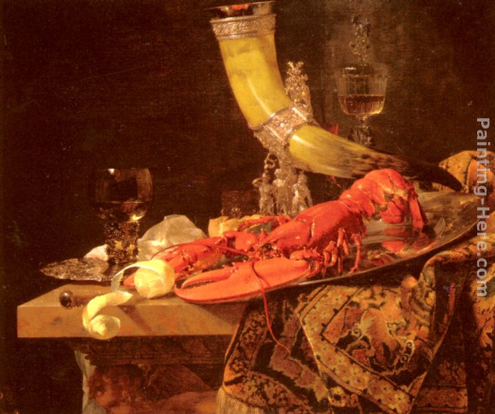 Still Life with the Drinking-Horn of the Saint Sebastian Archers' Guild, Lobster and Glasses painting - Willem Kalf Still Life with the Drinking-Horn of the Saint Sebastian Archers' Guild, Lobster and Glasses art painting